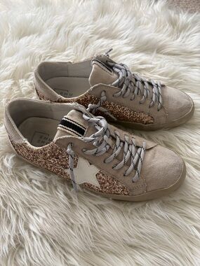 ShuShop Beige Suede Sneakers with Rose-Gold Glitter Star Accent